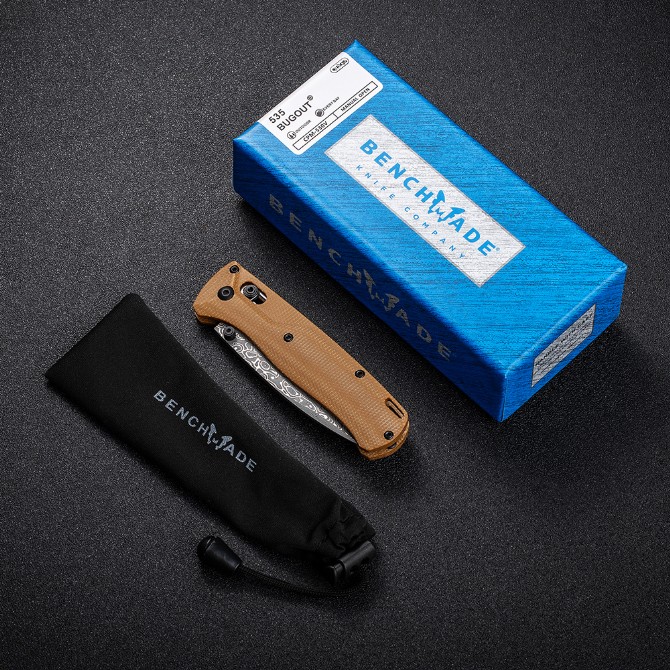 Benchmade 535 Bugout Folding knife – Damascus Blade, Linen Micarta Handle - Image 12