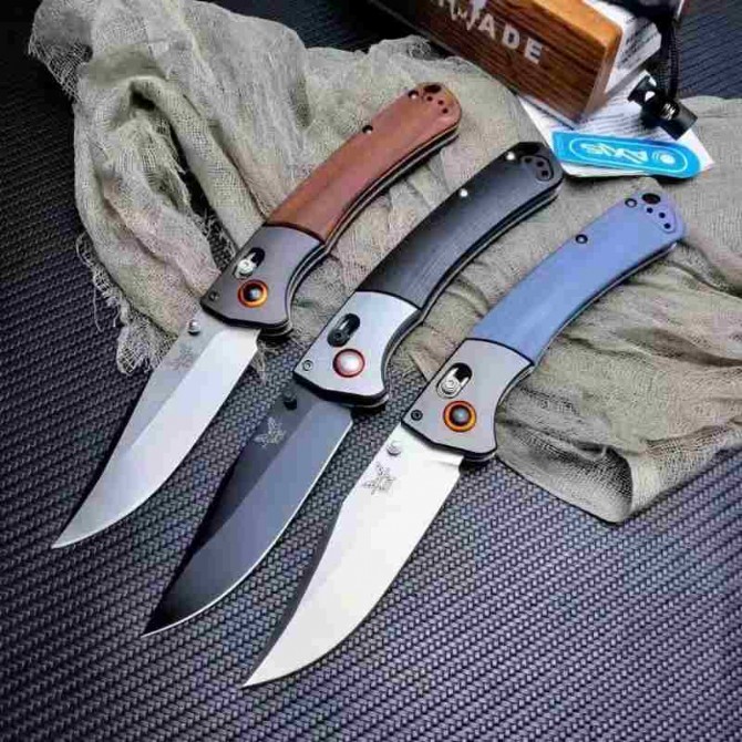 Benchmade 15080 1 Crooked River – G10 & Wood Handle, three color variants, full knife view