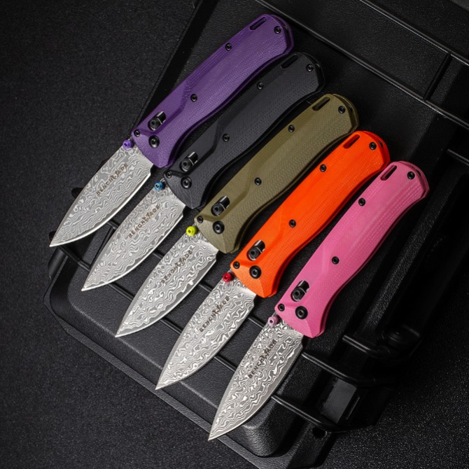 Benchmade 535 Bugout Folding Knife – Damascus Blade, G10 Handle, five color variants front view