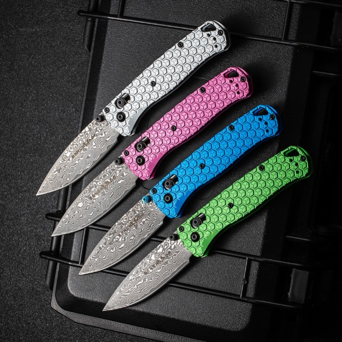 Benchmade 535 Bugout – Damascus Blade, T6061 Aluminum Handle, four color variants front view