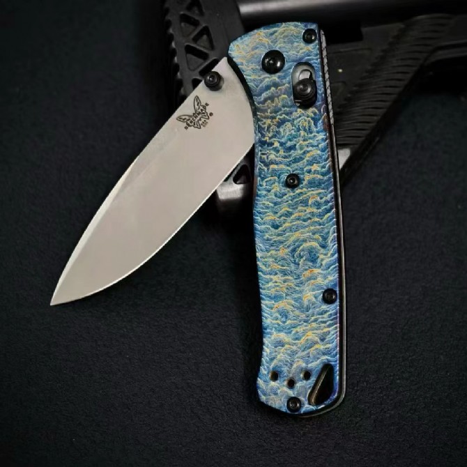 Benchmade 535BK Bugout – Custom Titanium Handle (Lightning Pattern) - Image 6