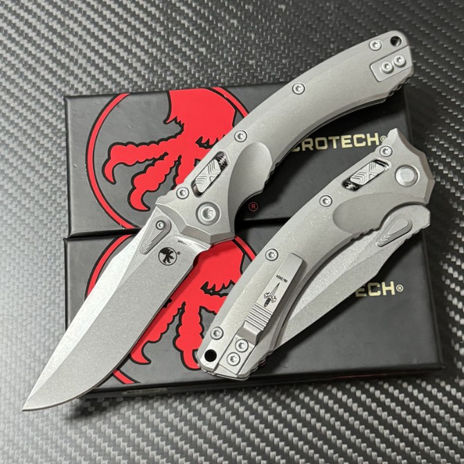 Microtech Amphibian Folding Knife – Titanium Version, full knife front view