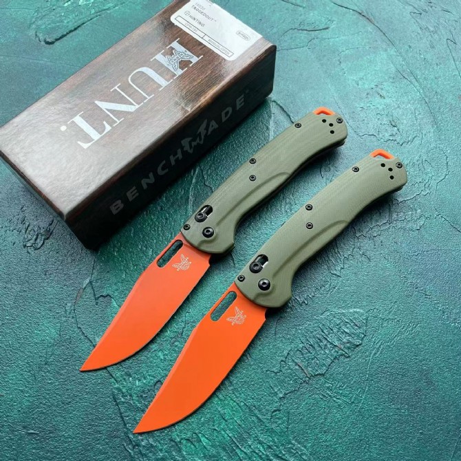 Benchmade 15535 bugout folding knife green g10 handle orange blade full view with box packaging