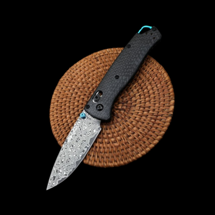 Benchmade 535 bugout folding knife carbon fiber handle damascus blade full view front side