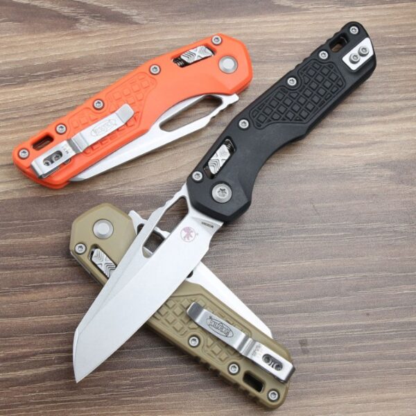 Open and closed views of the Microtech MSI folding knife with a polymer FRN handle