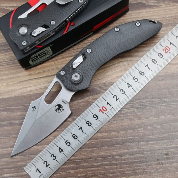 Microtech Stitch RAM-LOK folding knife with carbon fiber handle shown with dimensions