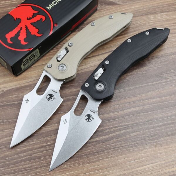 Front view of the Microtech Stitch RAM-LOK folding knife with a G10 handle