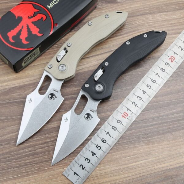 Microtech Stitch RAM-LOK folding knife with G10 handle shown with dimensions