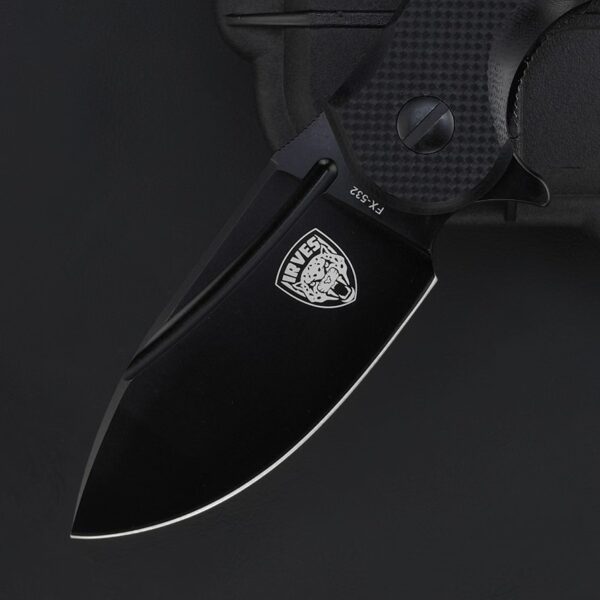 Detailed view of the blade on FOX IRVES FX-532 folding knife with black handle