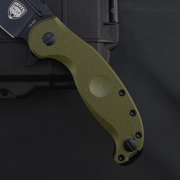 Close-up of green handle scales on FOX IRVES FX-532 folding knife