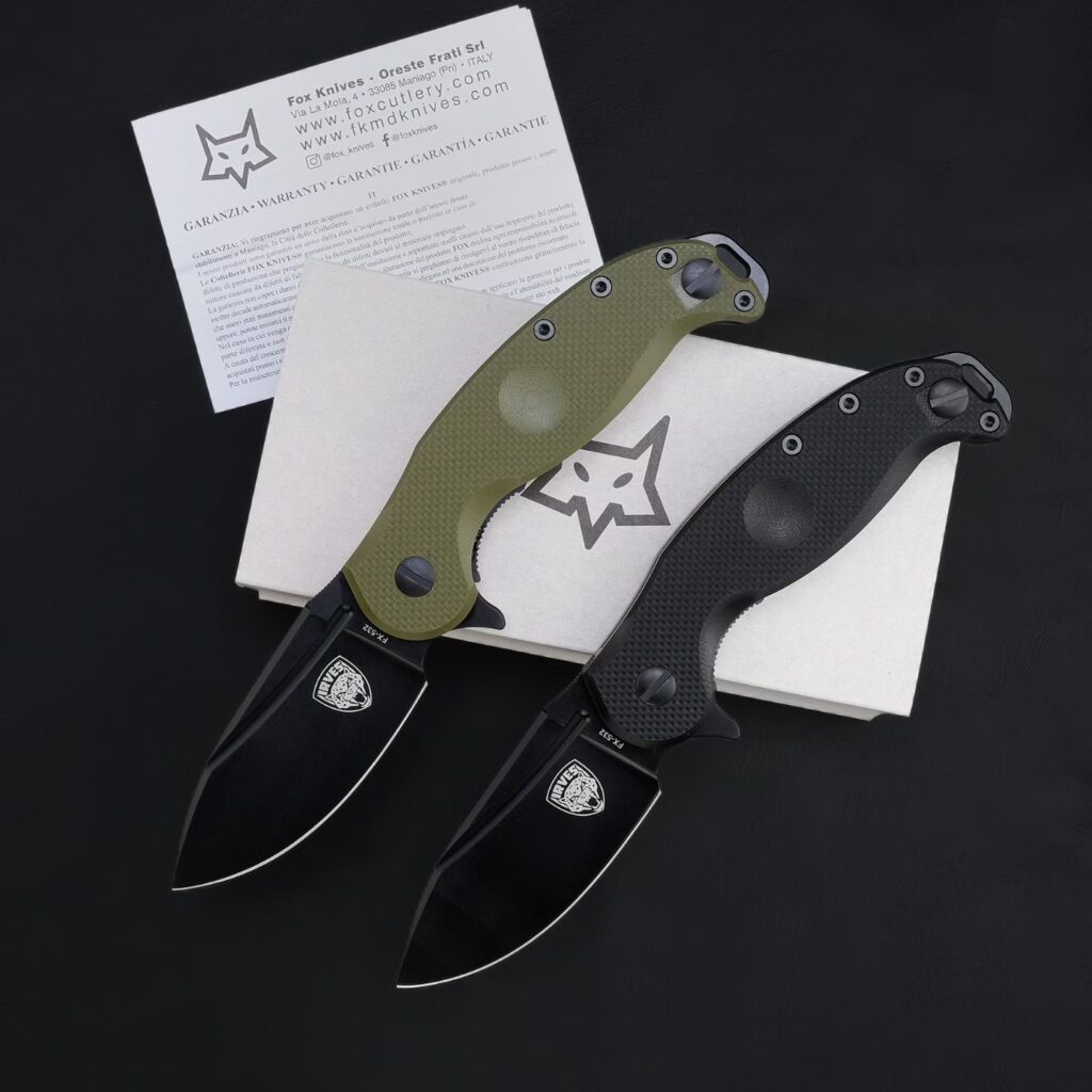 FOX IRVES FX-532 folding knives displayed open with green and black handle variants