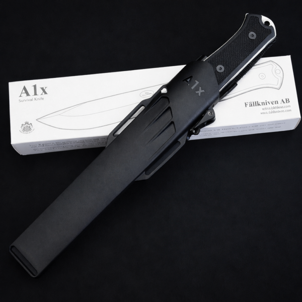 Fallkniven A1x Survival Knife fully sheathed and displayed with original packaging box