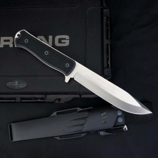 Full view of Fallkniven A1x Survival Knife displayed together with sheath