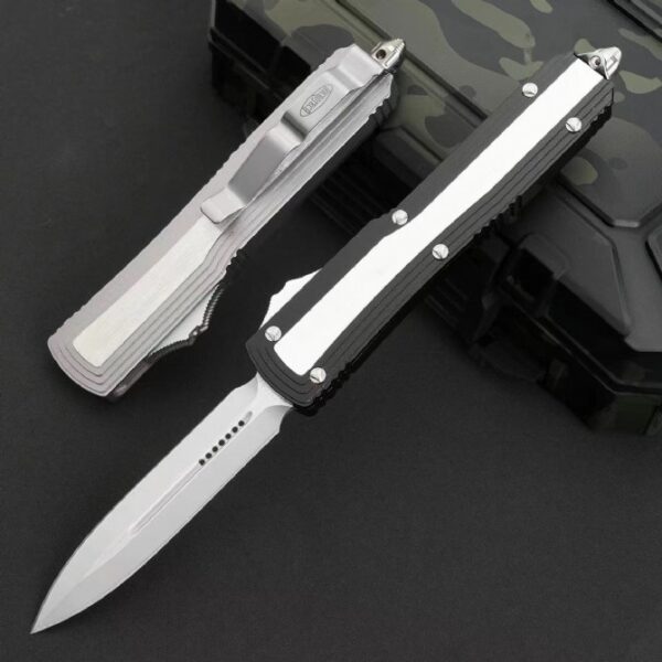 Microtech Dirac Delta OTF Knife Black Deployed White Retracted