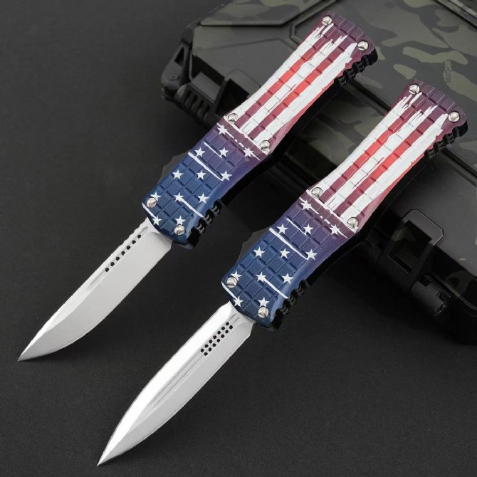 Microtech Hera OTF Automatic Knife USA Flag Handle Front View
