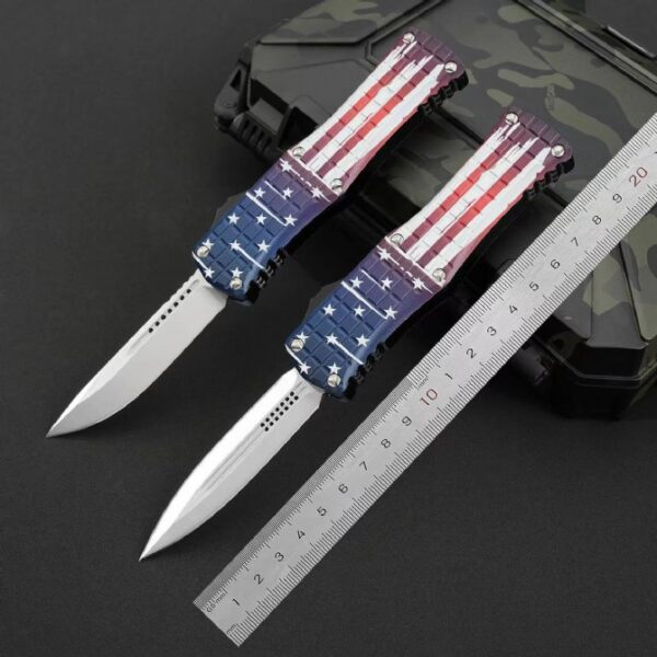 Microtech Hera OTF Automatic Knife USA Flag Handle with Dimensions
