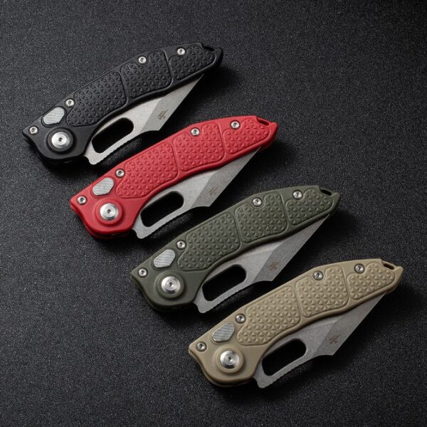 Microtech Stitch side-opening automatic knives shown in folded position with four handle color options