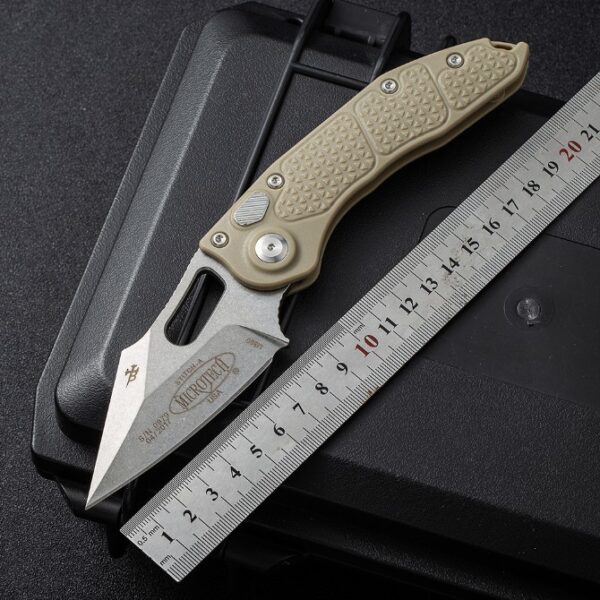 Microtech Stitch side-opening automatic knife with desert-color handle showing overall dimensions