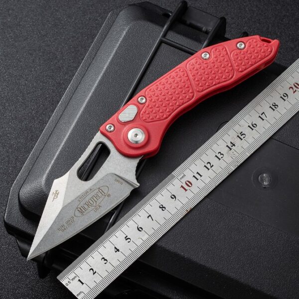 Microtech Stitch side-opening automatic knife with red handle displayed with overall dimensions