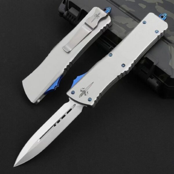 Microtech Ultratech OTF automatic knife with double-edge dagger-style mirror polish blade shown deployed and retracted