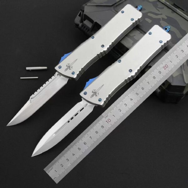 Microtech Ultratech OTF automatic knife with mirror polish blade showing overall dimensions, including single-edge and double-edge versions