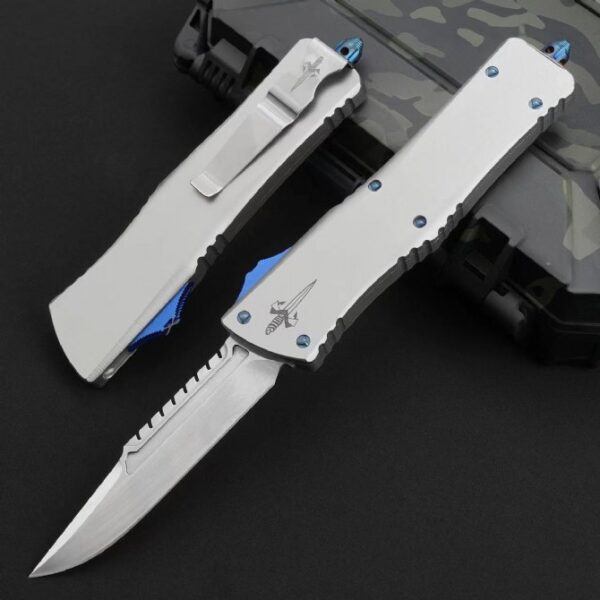 Microtech Ultratech OTF automatic knife with single-edge partial serrated mirror polish blade shown in deployed and retracted states