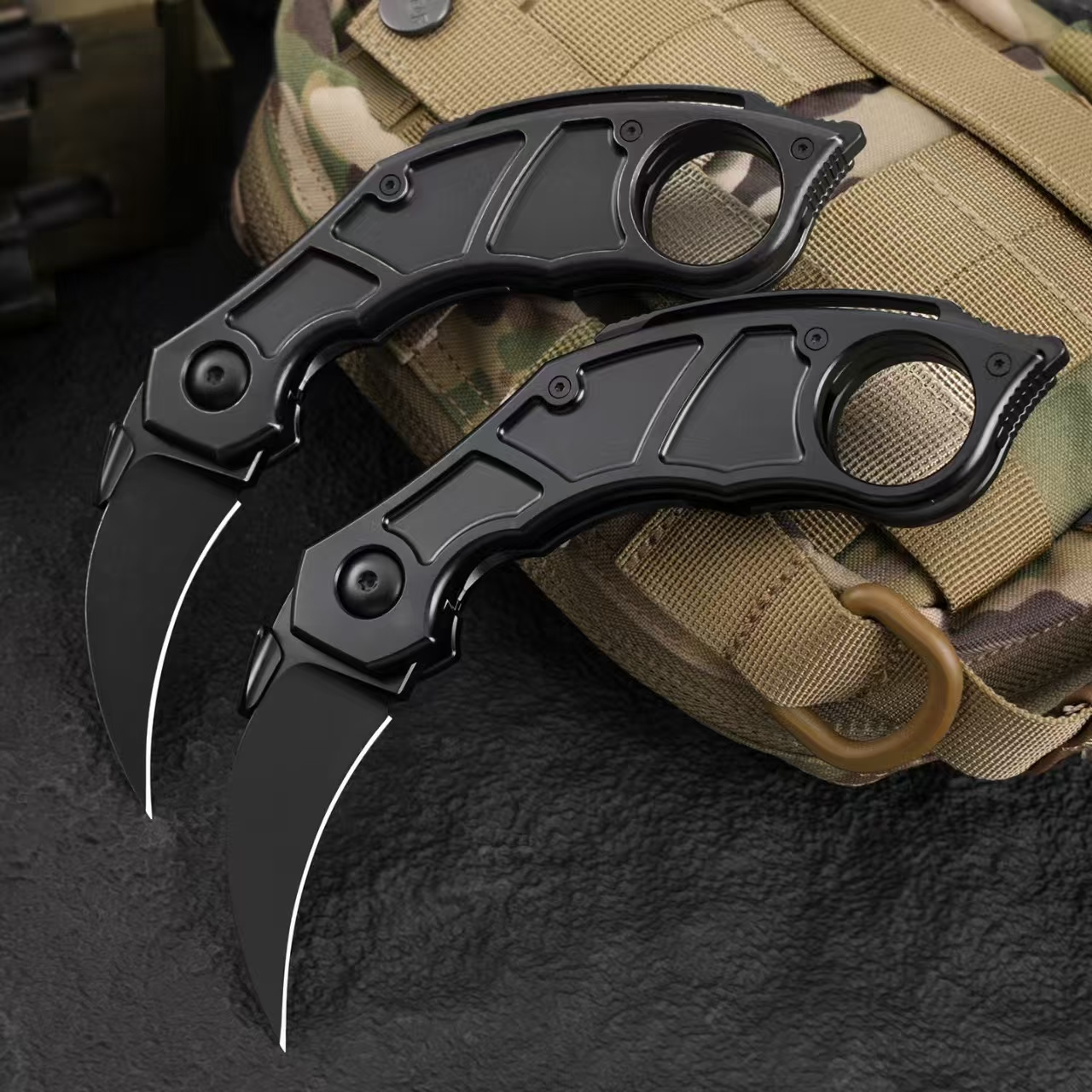 Front view of Quartermaster QSE-14 Murtaugh folding karambit knife in open position