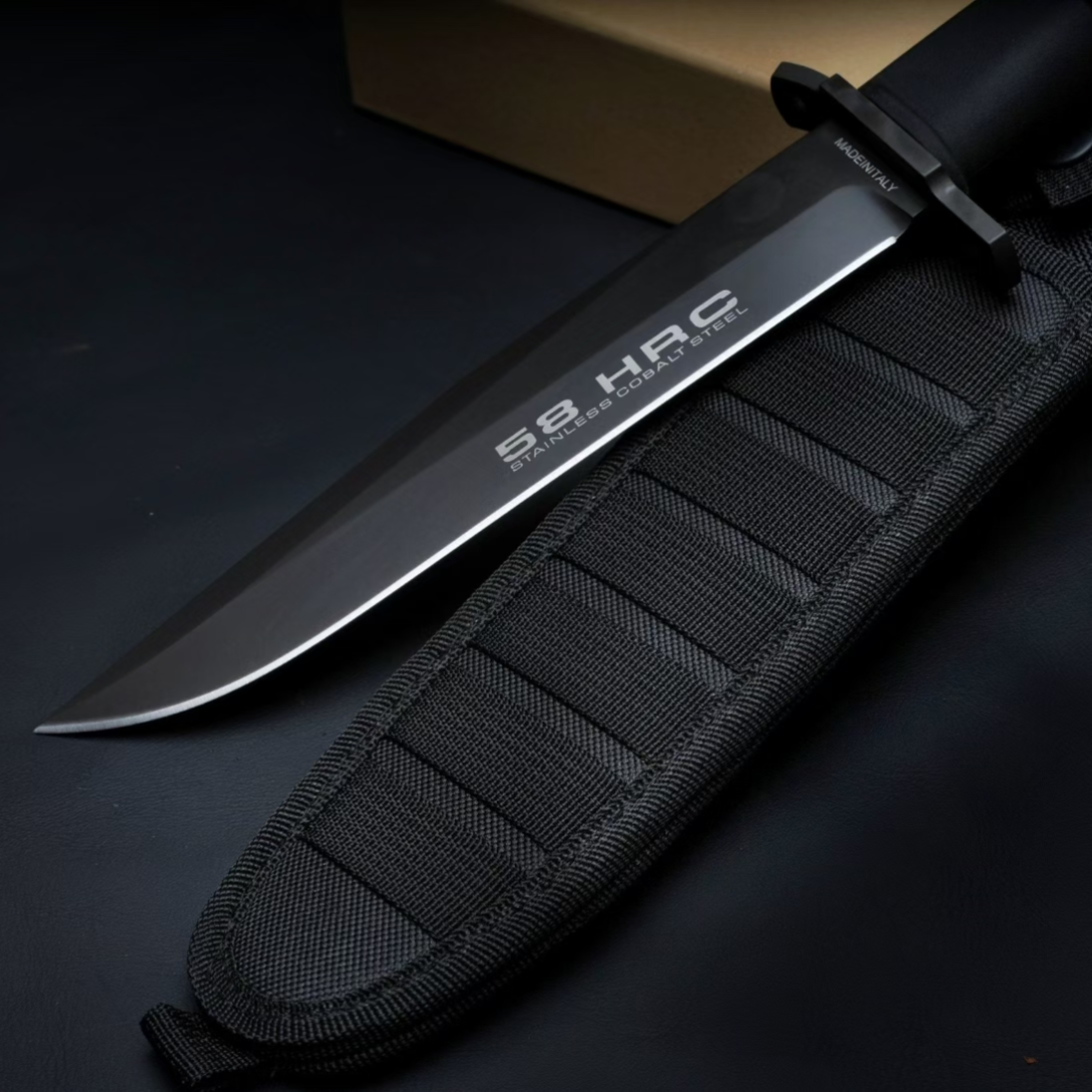 Blade detail of Extrema Ratio A.M.F. BLACK bushcraft survival knife with black handle
