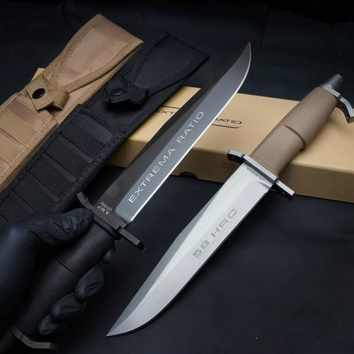 Full view of Extrema Ratio A.M.F. BLACK fixed blade bushcraft survival knife with black handle