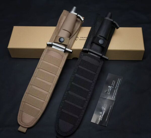 Extrema Ratio A.M.F. BLACK fixed blade survival knives shown in black and desert handle versions