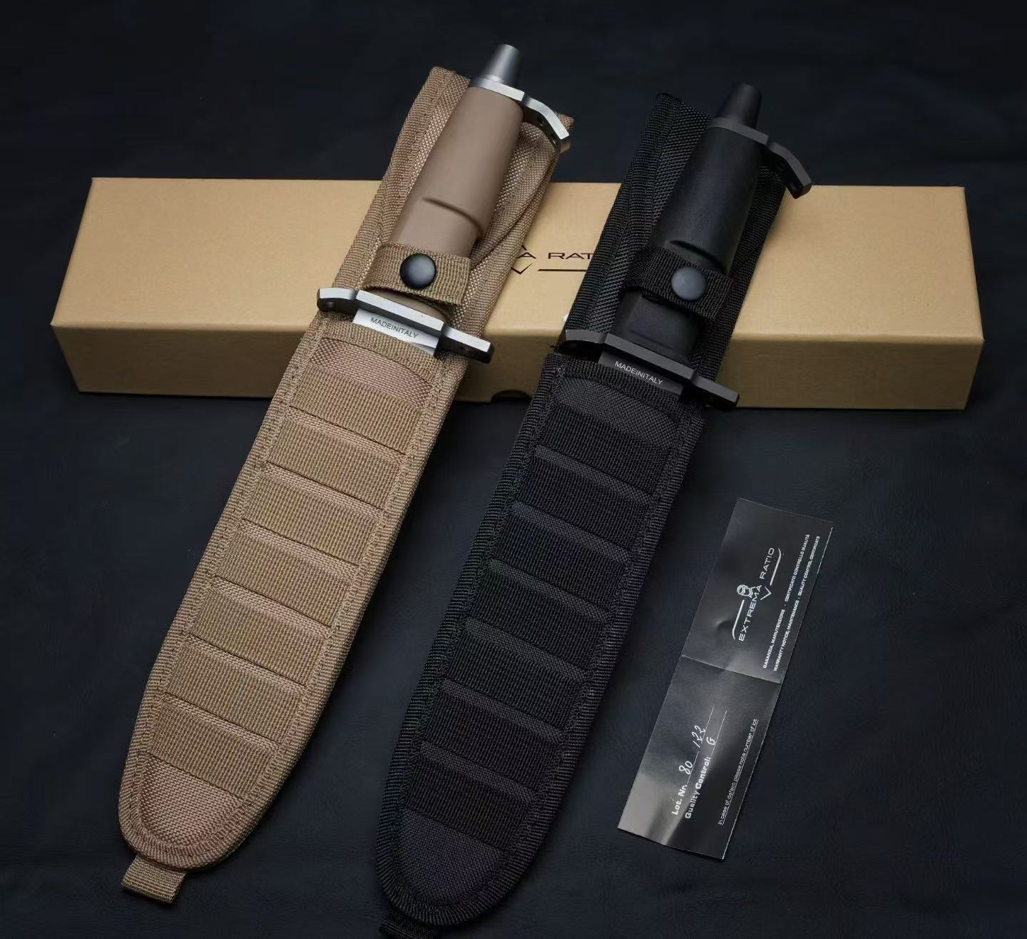 Extrema Ratio A.M.F. BLACK fixed blade survival knives shown in black and desert handle versions