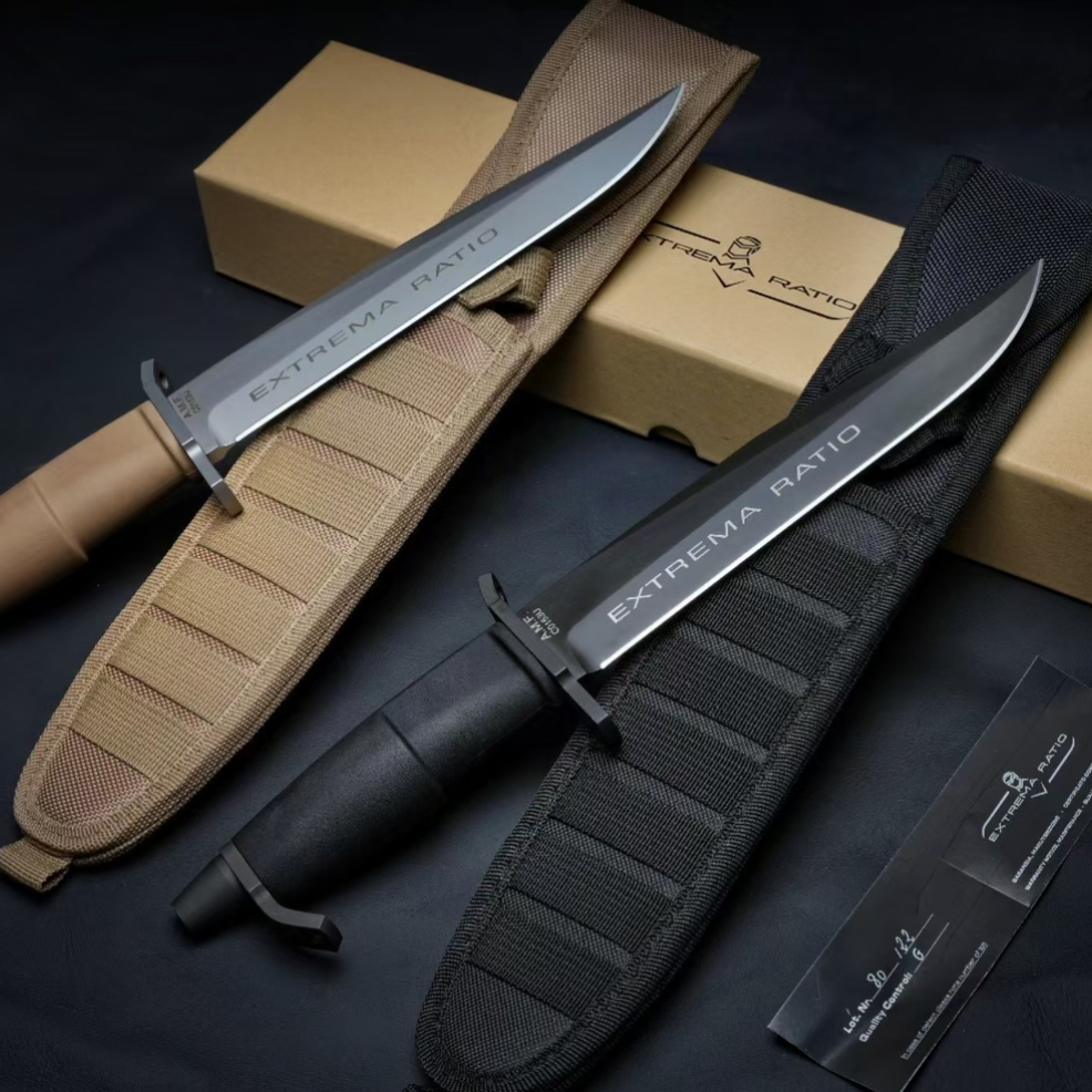 Full display of Extrema Ratio A.M.F. BLACK fixed blade knives in black and desert color variants