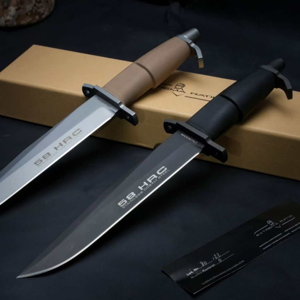 Extrema Ratio A.M.F. BLACK fixed blade bushcraft survival knives displayed in black and desert handle versions