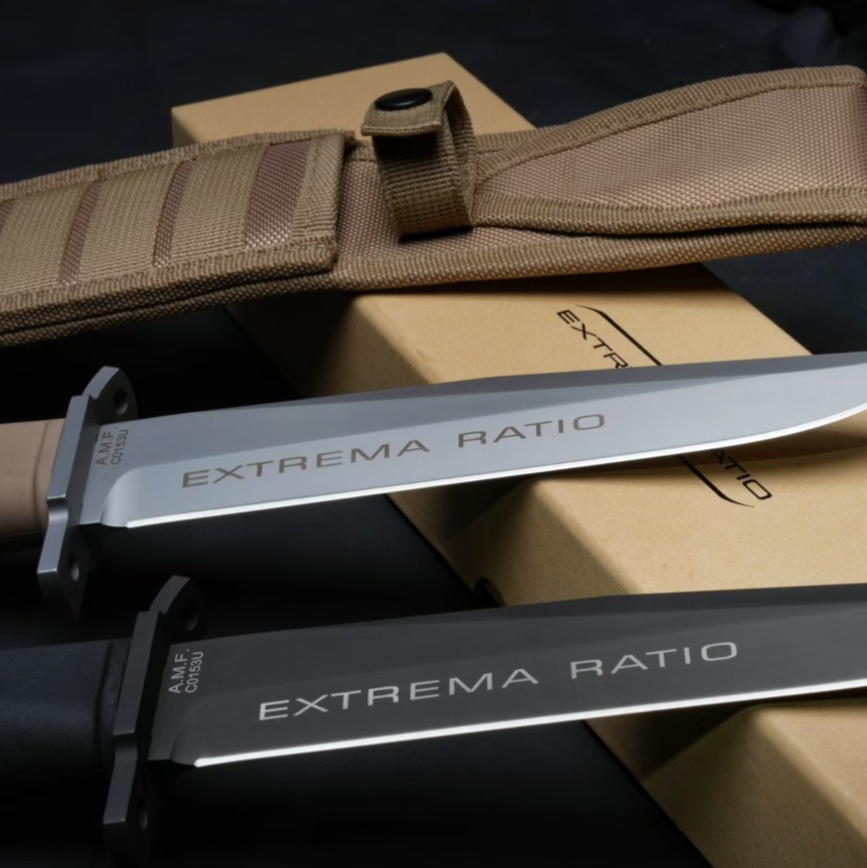 Blade close-up of Extrema Ratio A.M.F. BLACK bushcraft survival knives in black and desert versions