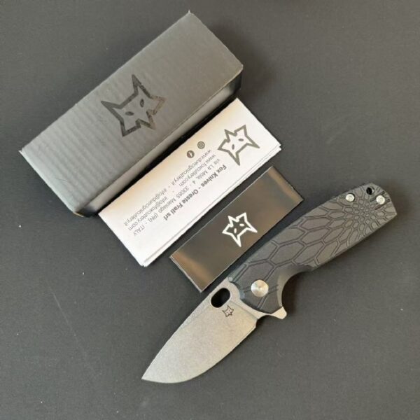 FOX FX-604 folding knife with black FRN handle and satin blade displayed open