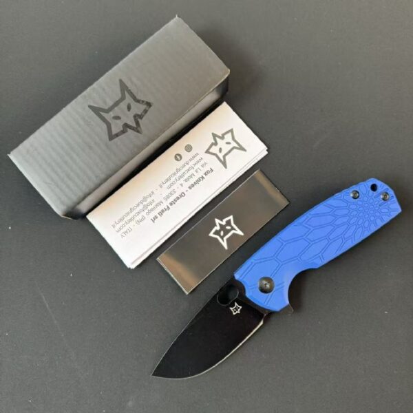 FOX FX-604 folding knife with black FRN handle and black coated blade shown open