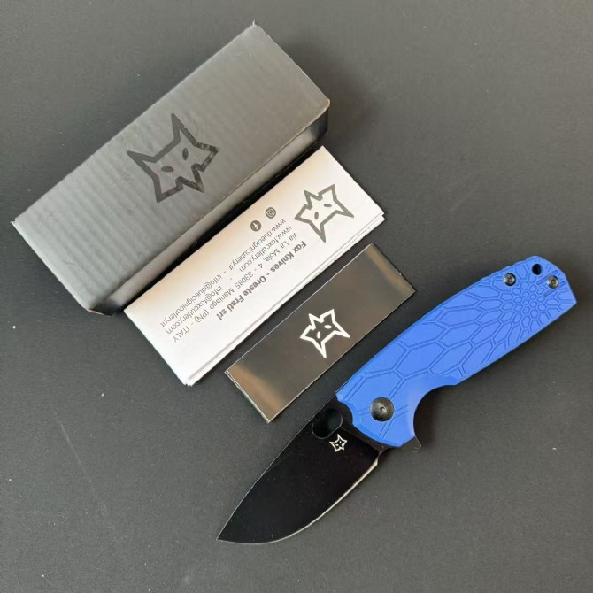 FOX FX-604 folding knife with black FRN handle and black coated blade shown open