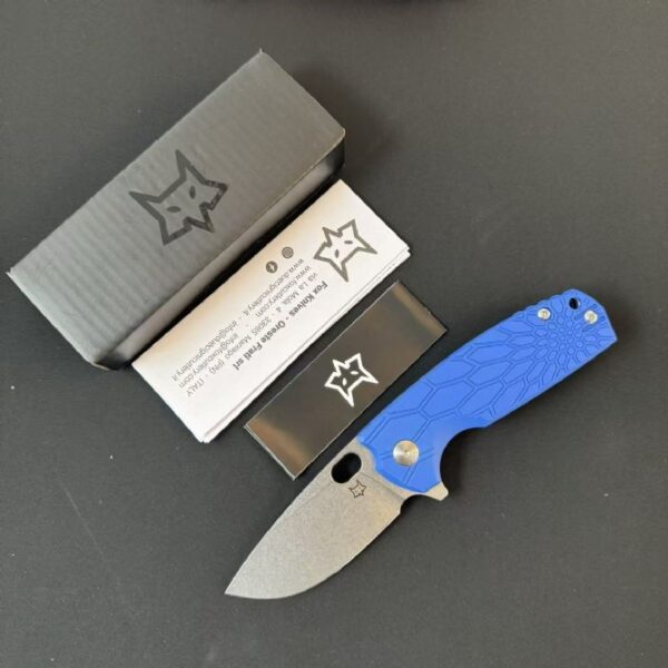 FOX FX-604 folding knife featuring blue FRN handle and satin blade in open position