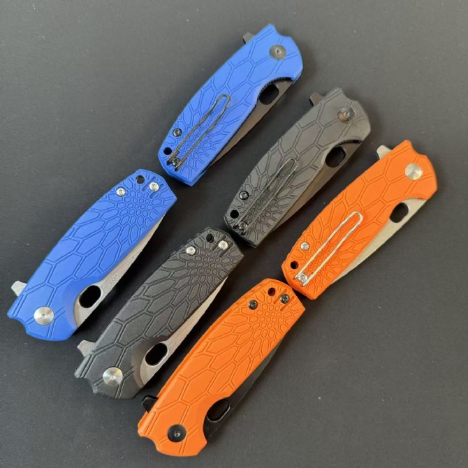 FOX FX-604 folding knives with FRN handles shown in folded position across six color and blade finish variants