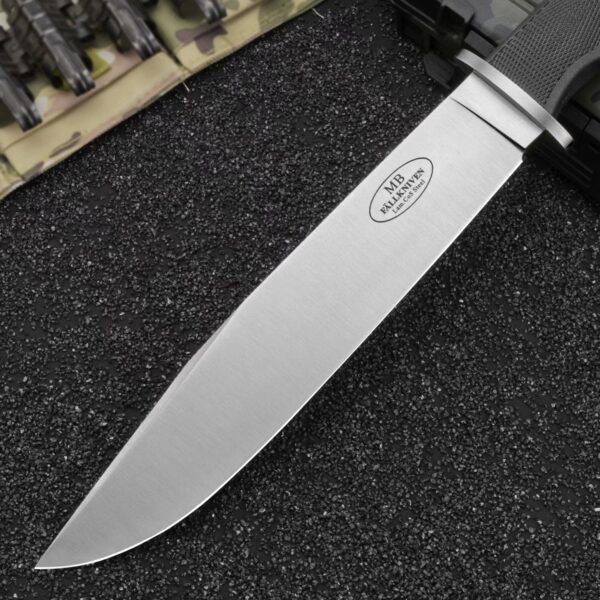 Blade close-up of Fallkniven MB10 Modern Bowie fixed blade knife highlighting edge and finish