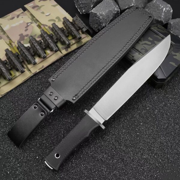Rear view of Fallkniven MB10 Modern Bowie fixed blade knife displayed with sheath