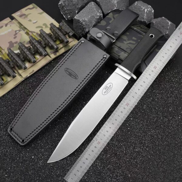 Fallkniven MB10 Modern Bowie fixed blade knife shown from rear with sheath