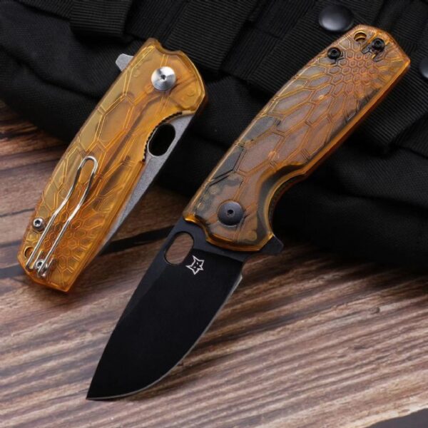 Folding knife with black blade deployed next to satin blade version folded