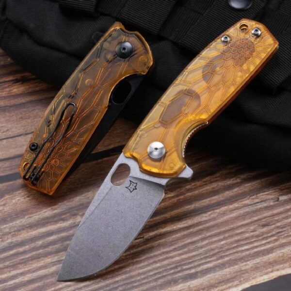 Folding knife with satin blade deployed next to black blade version in folded position