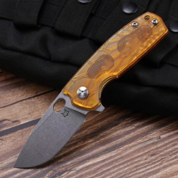 Folding knife with satin blade shown in open position
