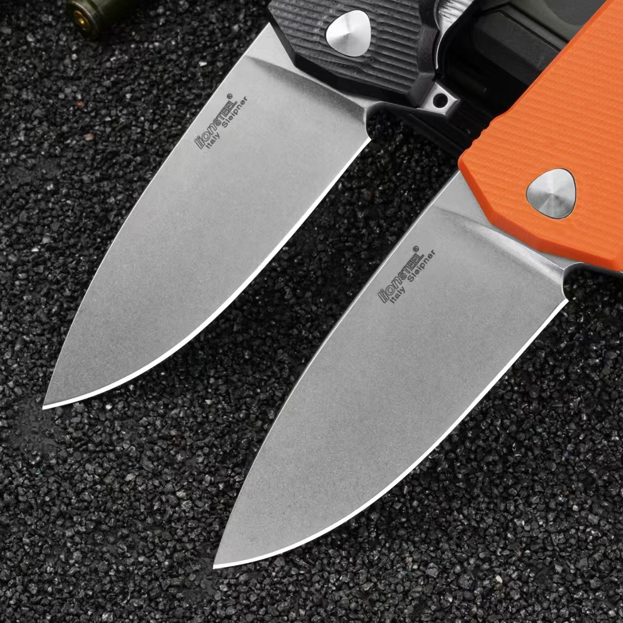 Blade close-up of LionSteel Sleeper folding knife highlighting stonewashed finish and edge