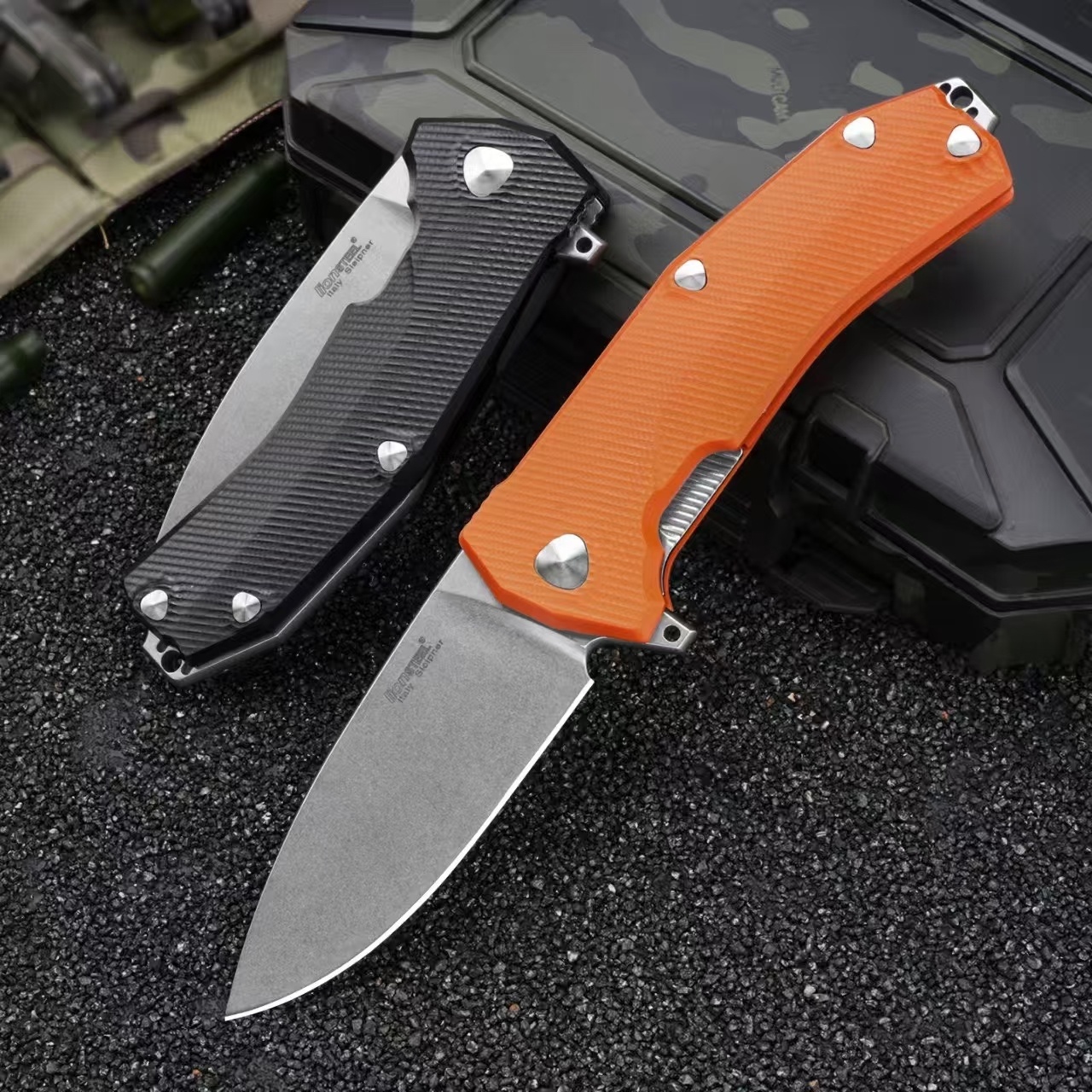 LionSteel Sleeper folding knife with orange G10 handle deployed beside black handle version folded