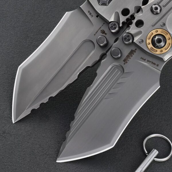 Detailed view of the cutting edge on Miller Bros T1 Series heavy-duty folding knife
