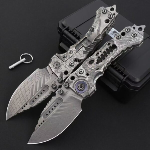 Miller Bros T1 Series Jurassic tactical folding knife shown fully deployed