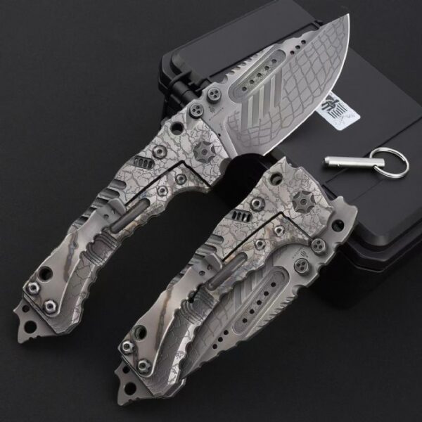 Rear view of Miller Bros T1 Series Jurassic folding knife displayed in deployed and folded positions